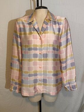 Vintage Chaus & Co Pastel Block Print Button-Up Long Sleeve Retro 90’s Size M